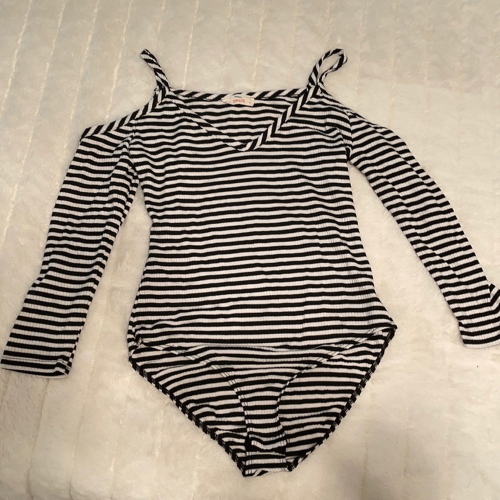 Black and White Striped Cold Shoulder Bodysuit